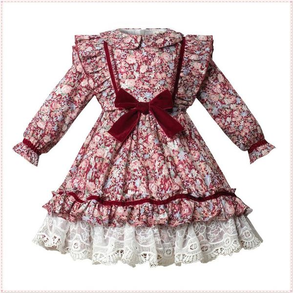 

0-12y girl autumn winter wine red green coffee floral long sleeve vintage lolita princess ball gown dress for christmas party, Red;yellow
