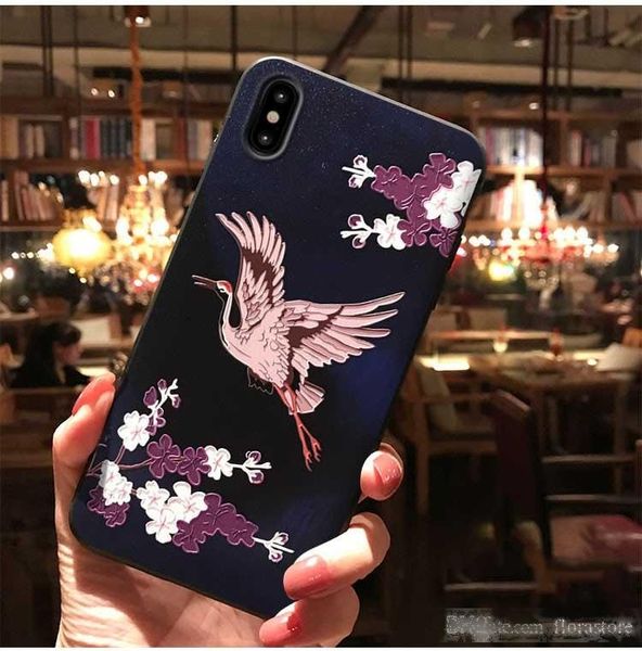 

fashion soft tpu back phone shell japanese style crane phone cover for iphone 7 8plus xr x max 11 pro