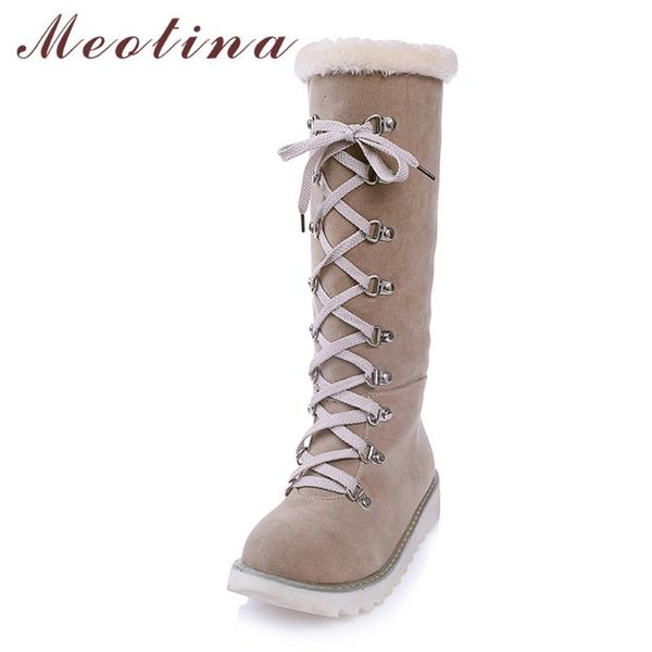 

meotina women shoes winter snow boots lace up flat with knee high boots warm platform low heel long lady green big size 43, Black