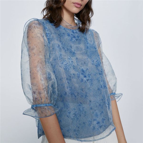 

stylish organza blue women blouses see through three quarter sleeve shirts female blue stylish casual blusas 2020, White