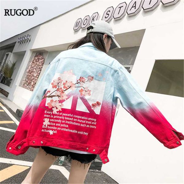 

rugod 2020new women flower letter print denim jacket blue and red gradual colorful female coat autumn fashion high street jacket, Black;brown