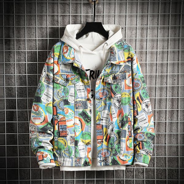 

harajuku fashion graffiti camouflage pattern denim jacket mens long sleeve jean jackets streetwear hip hop loose denim outerwear, Black;brown