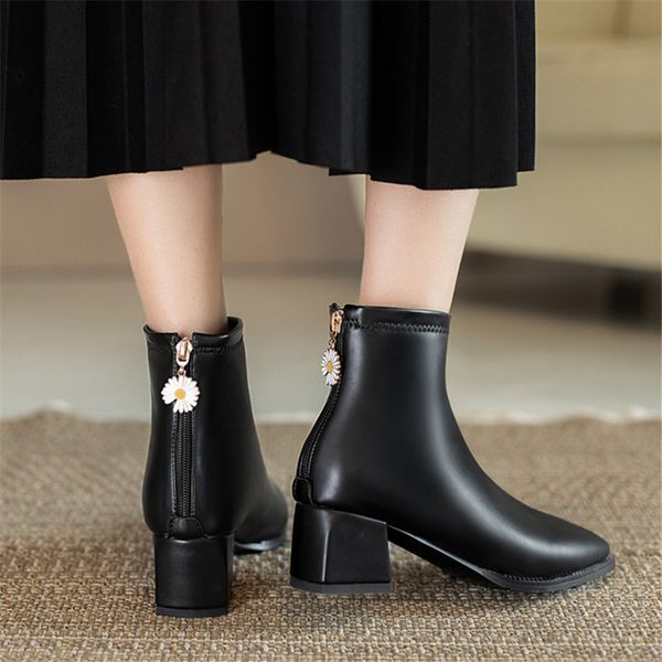 

boots 2021 women ankle thick high heel round toe zipper shoes winter warm fashion office black size 34-43