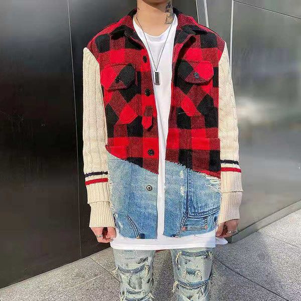 

2020 autumn models wash and do the old tailoring sweater sleeves stitching red plaid shirt gl jacket men, White;black