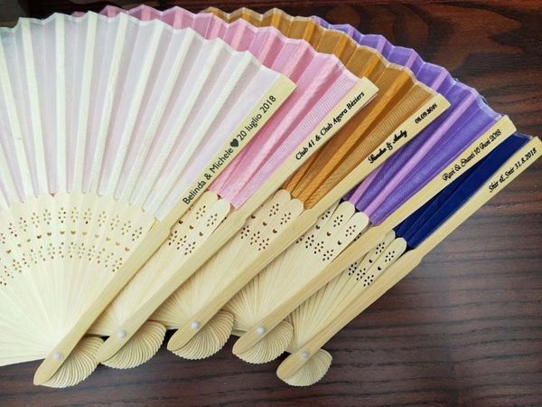 

party favor 50pcs/lot personalized bride & groom's name wedding date silk hand fan with organza gift bag