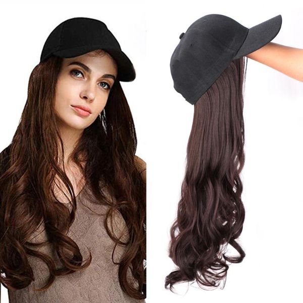 

synthetic wigs long baseball cap wig natural black / brown wave naturally connect hat adjustable for girl party