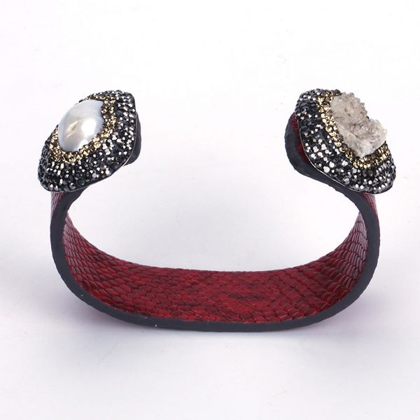 

natural freshwater pearl rough druzy stone charm pave rhinestone dark red real snake leather wide wrap open bangle cuff women, Black