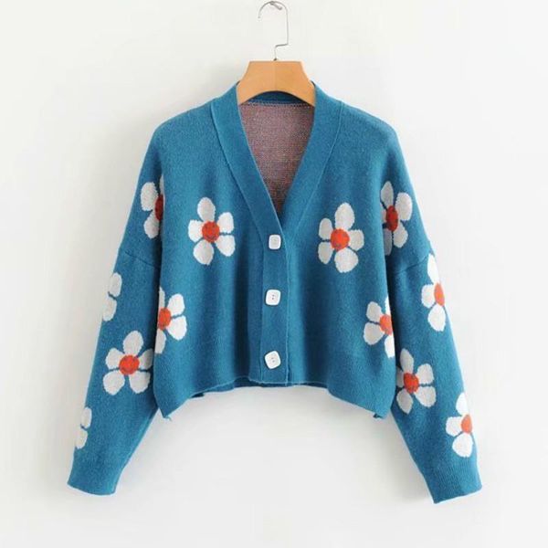 

floral knitted v-neck sweater cardigan flowers crocheted jumpers streetwear coat single-breasted crop sueter mujer 2020, White;black