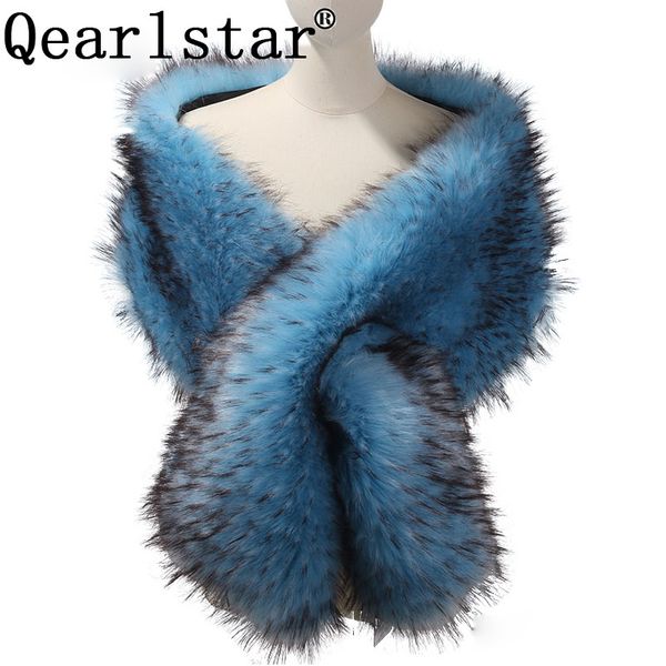 

qearlstar wedding bridal shawl faux fur luxury winter wraps jackets cape fluffy warm outerwear party coat shrug 165*30cm zkg01, Blue;gray