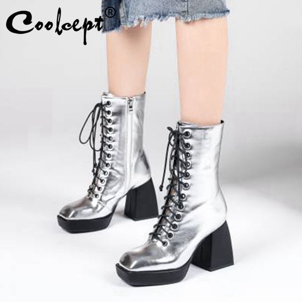 

coolcept ankle boots for women square toe chunky high heel cross strap zipper fashion outdoor party shoes footwear size 33-43, Black