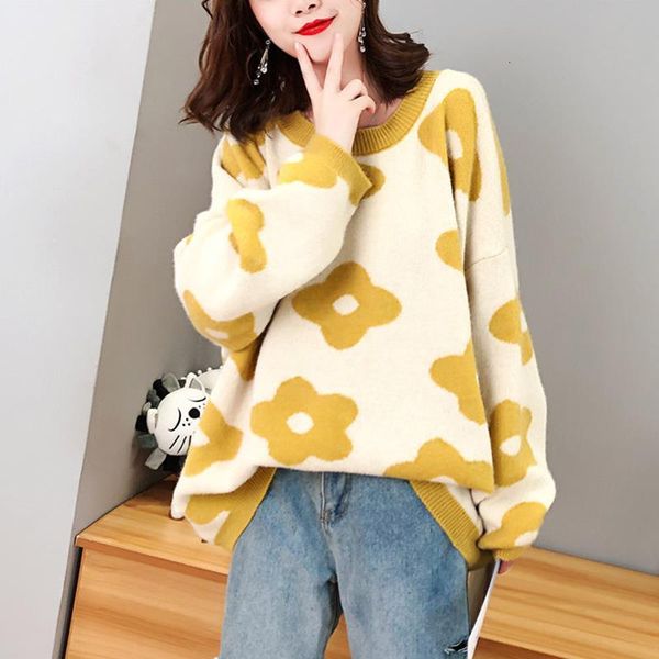 

women oversize sweater and pullovers autumn winter o-neck sweet flower printed elastic jumpers long sleeve pink female loose str, White;black