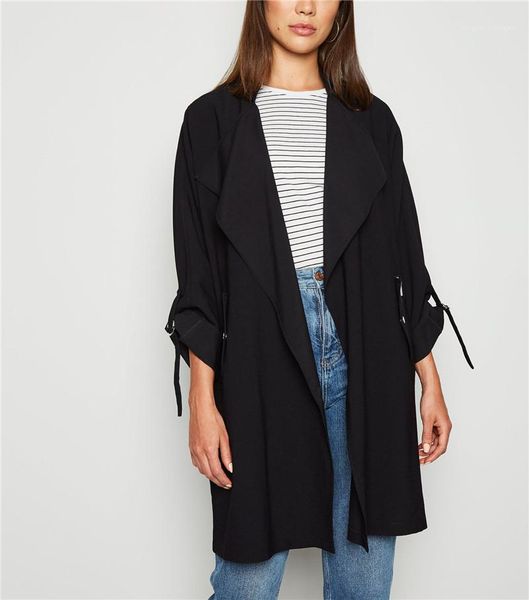 

waist ribbon decoration casual jacket zipper pocket long sleeve cardigan designer womens trench coats fashion collect, Tan;black