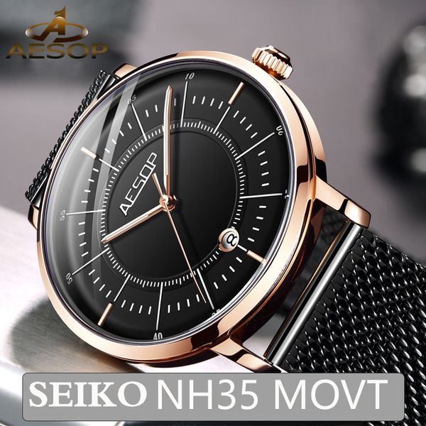 

wristwatches aesop 2021 mechanical watches men japan nh35 movement luminous automatic men's relogio masculino, Slivery;brown