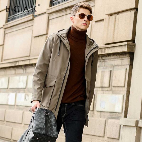 

ucak brand classic solid color men hooded jackets clothes new arrivals streetwear trench coat men's windbreaker clothing u8127, Tan;black