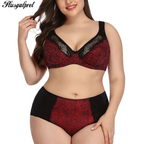 

plusgalpret floral print lace bra and panty set women lingerie bra set intimates ladies underwear 85-110 d cup xl-6xl, Red;black