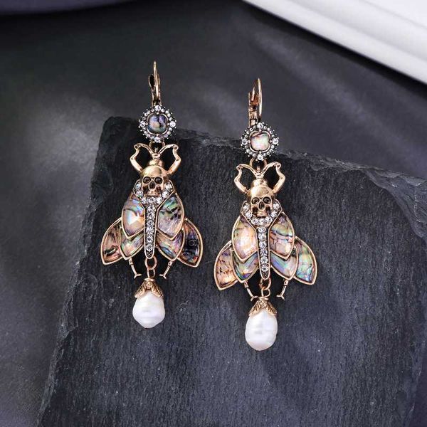 

balanbiu punk drop earrings for women gift colorful resin insect cultured pearl crystal neo-gothic skull vintage fashion jewelry, Silver