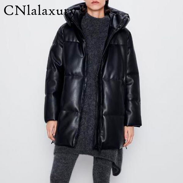 

2020 winter women pu leather long hoodie parkas thick pockets coat female elegant jacket pu warm overcoat casaco autumn, Black
