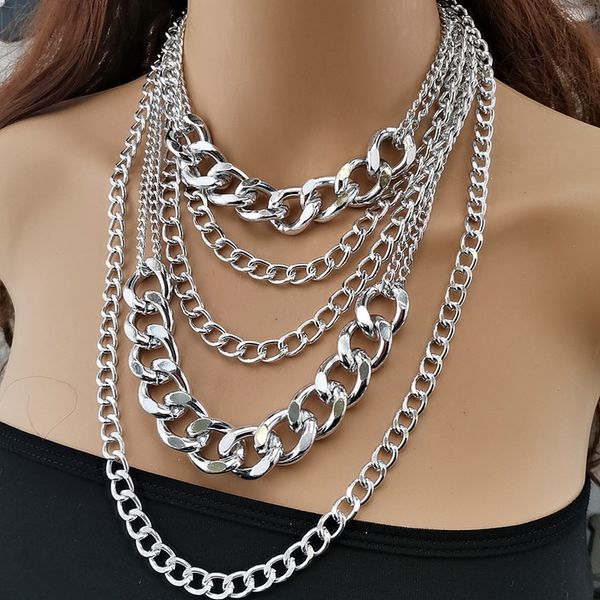 

punk напыщенной смесь big layered толстой кубинская link chain choker ожерелье женщины мода hippie современных ночной клуб ювелирных подарки, Silver