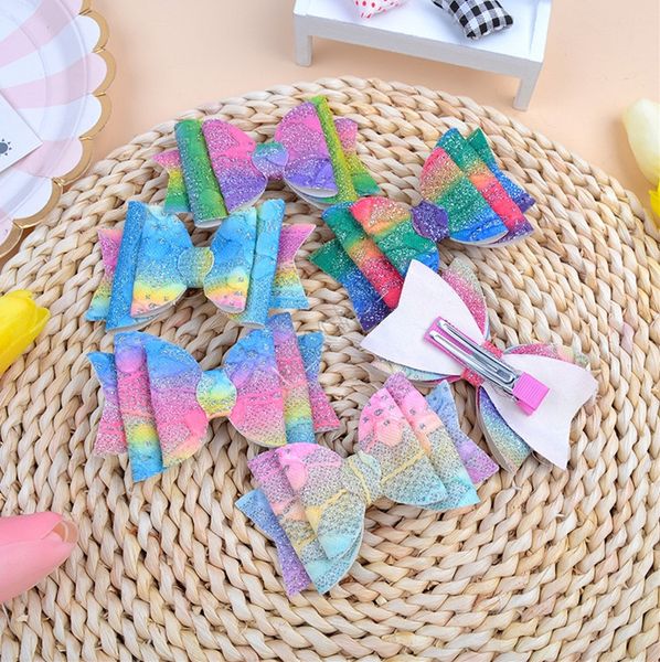 

3.5inch glitter hairpin bow hair clip baby girls bowknot gradient rainbow hair pins sequins barrette party hair accessories headress d9307, Slivery;white