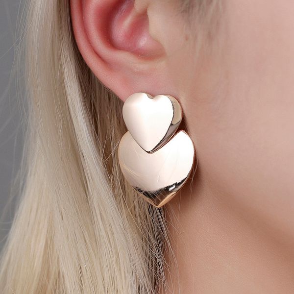 

classic double heart shaped big earring for women girls fashion gold silver color stud ear jewelry birthday gifts, Golden;silver