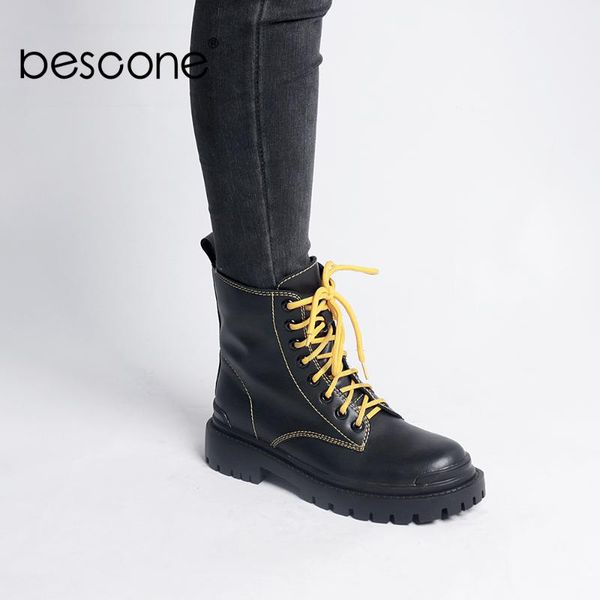 

bescone boots woman winter warm black genuine leather mid-calf boots ladies cross-tied high platform sewing bc771