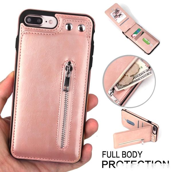 

zipper leather wallet phone case flip card slots shockproof magnetic clasp kickstand holder for iphone xs max 8/8 plus/7/7 plus