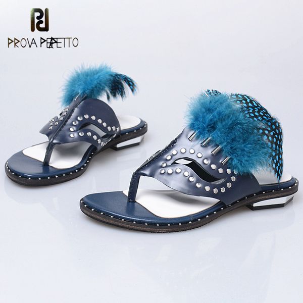 

prova perfetto feather rivets flip flop shoes summer new 2020 beach slipper sandals bohemian style flat sandals casual shoe, Black