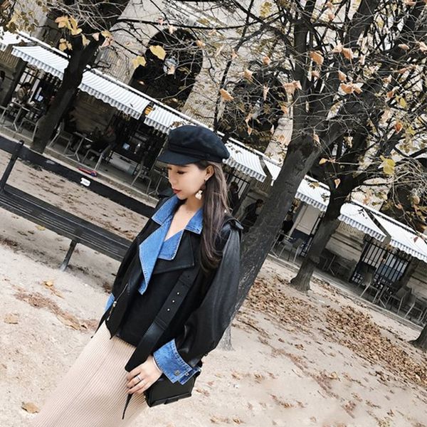 

denim stitching fake two-piece loose skinny leather short coat autumn korean style all-match jacket zipper belt coat, Black;brown