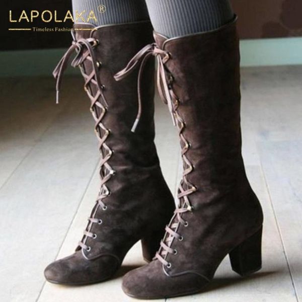 

boots lapolaka 2021 fashion chunky high heels mid calf woman shoes lace up add fur autumn winter ladies, Black