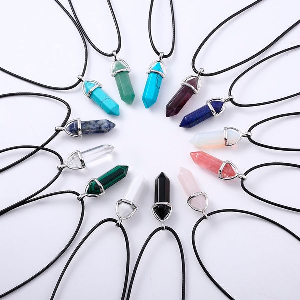 

Bohemian Crystal Bullet Pendant Vintage Natural Stone Pendants Necklace Crystal Quartz Gem Stone Leather Cord Statement Necklace For Women