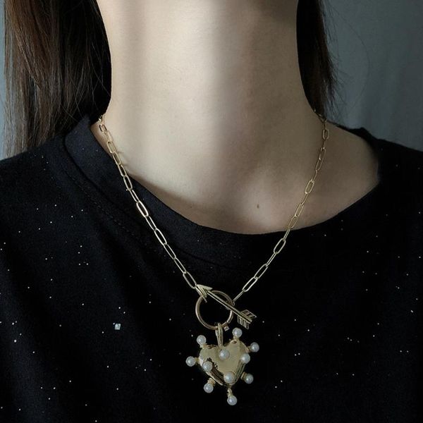 

diezi vintage gold color metal chain pearl necklace women arrow heart pendant statement necklace collier femme 2020 new jewelry, Silver
