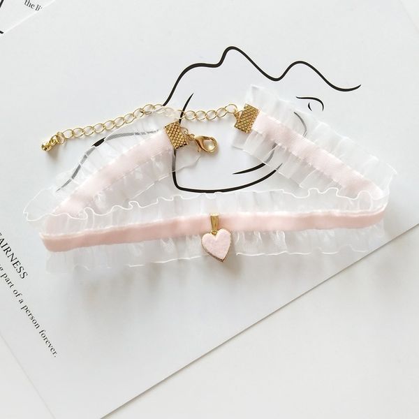 

2020 women sweet lace choker harajuku wide collar pink lovely velvet chocker vintage heart-shape pendant necklace clavicle chain, Silver