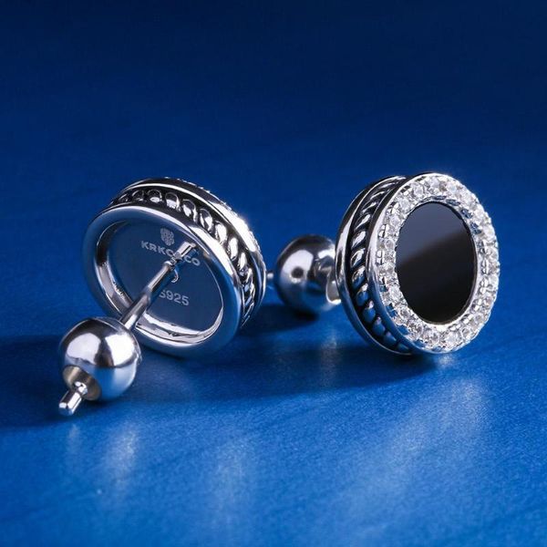 

white gold stud earring for men black onyx inlaid round earring hip hop jewelry punk earrings, Golden;silver
