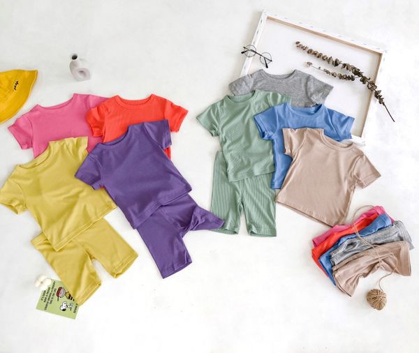 

baby boys girls ribbed cotton outfits short sleeve +shorts sleepwear pajamas set children 2pcs nightgowns kids clothing, White