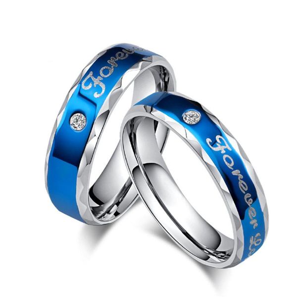 

blue forever love ring couple jewelry titanium steel eternity engagement luxury zircon wedding rings men women accessories, Slivery;golden