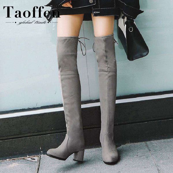 

taoffen women 2020 fashion over knee boots slip on chunky heels daily winter long boots office work shoes woman size 34-43, Black