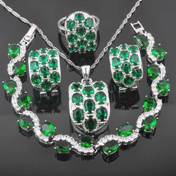 

women party jewellry green cubic zirconia jewelry sets costume earrings ring necklace bracelet set anniversary present qs519, Silver