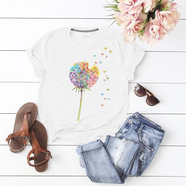 

loose round neck short sleeve tshirt summer female tees casual straight designer womens dandelion printed, White