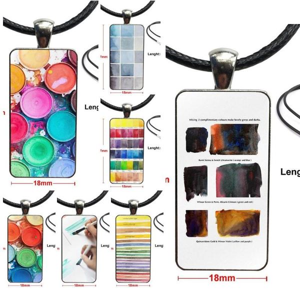 

for gift vintage jewelry steel color glass cabochon choker pendant long rectangle necklace watercolor paint palette, Silver