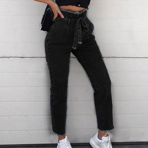 

women's jeans women plus size high waist trimmings slim denim skinny pants belt trousers with bow tie, Blue