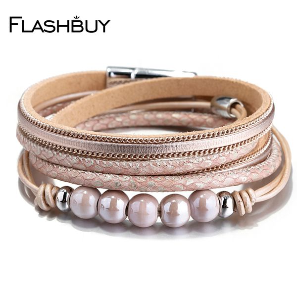 

5 ceramic beads real leather long leather bangles bracelets for women gift wholesale accessories jewelry decoration, Black