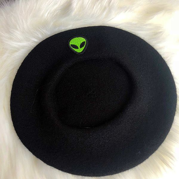 

berets harajuku style alien embroidery retro personality punk hat female painter autumn winter caps 2021, Blue;gray