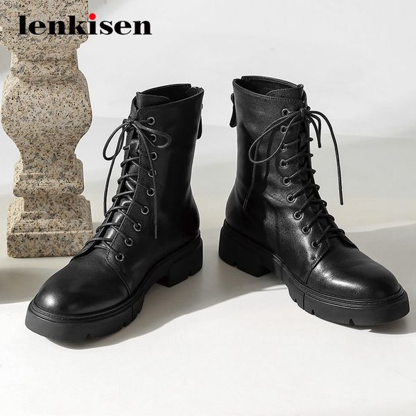 

lenkisen short boots genuine leather recommend thick med heel round toe zipper energy lady fashion ankle boots l70, Black
