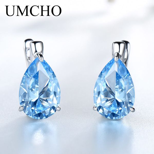 

umcho luxury nano gemstone голубой топаз серьги клип для женщин стерлингового серебра 925 клип на серьги воды падения fine jewelry gift 2009, Golden;silver