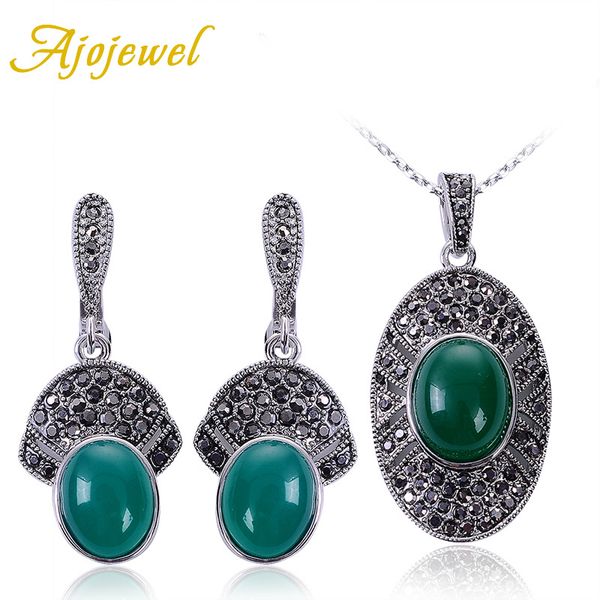 

ajojewel black and green stone jewelry sets for women vintage retro earrings necklace set jewelry wholesale, Silver