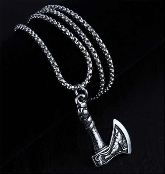 

viking celtic wolf axe titanium steel alloy necklace vintage personality necklace wholesale, Silver