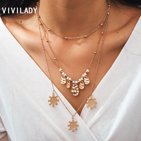 

vivilady ethnic style multilayer round bead chain chic tassel geometric sun round disc pendant women choker necklace for female, Golden;silver