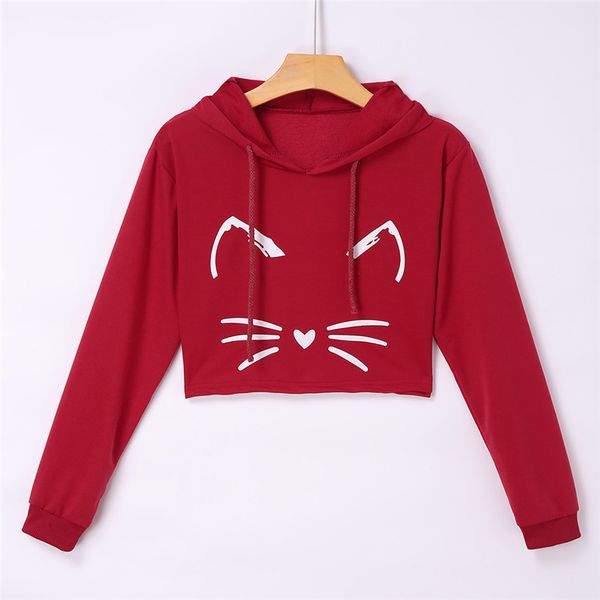 

hoodies sweatshirts women girls casual long sleeve short hooded sweatshirt cat kitty print pullover blouse for female 0912, Black