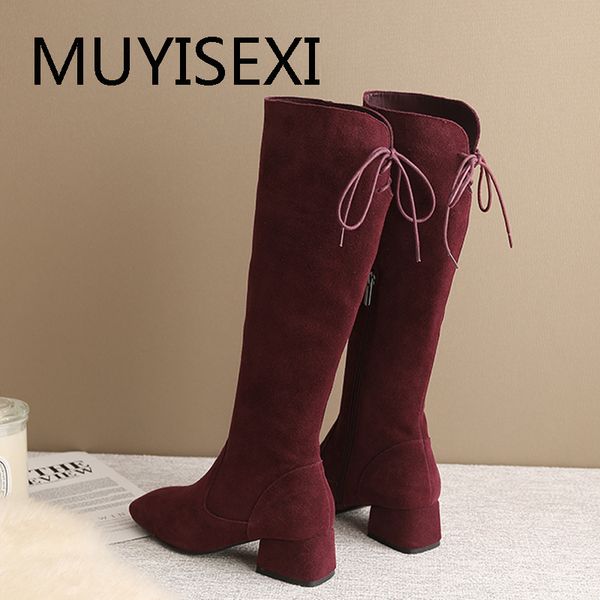 

4.5cm thick heels boots keep warm equestrian zipper knee-high boots cow suede genuine leather black brown red ldi08 muyisexi