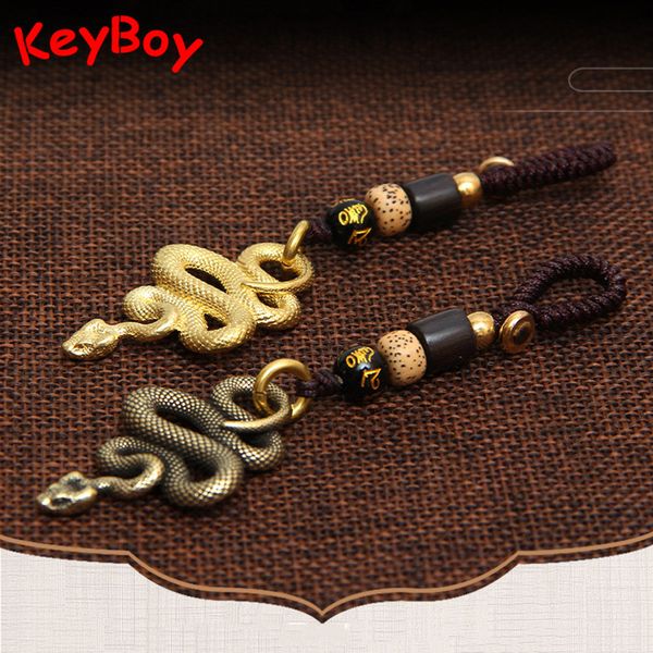 

brass metal snake pendant necklace men retro handmade rope key chain animal keychain multitool bag lanyard hanging jewelry, Silver